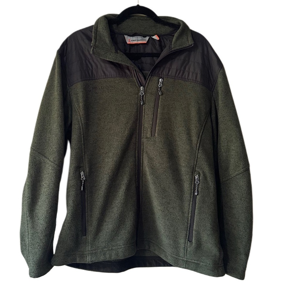 Free Country Olive Green and Black Zip Up Jacket Pockets Size Large Men’s
